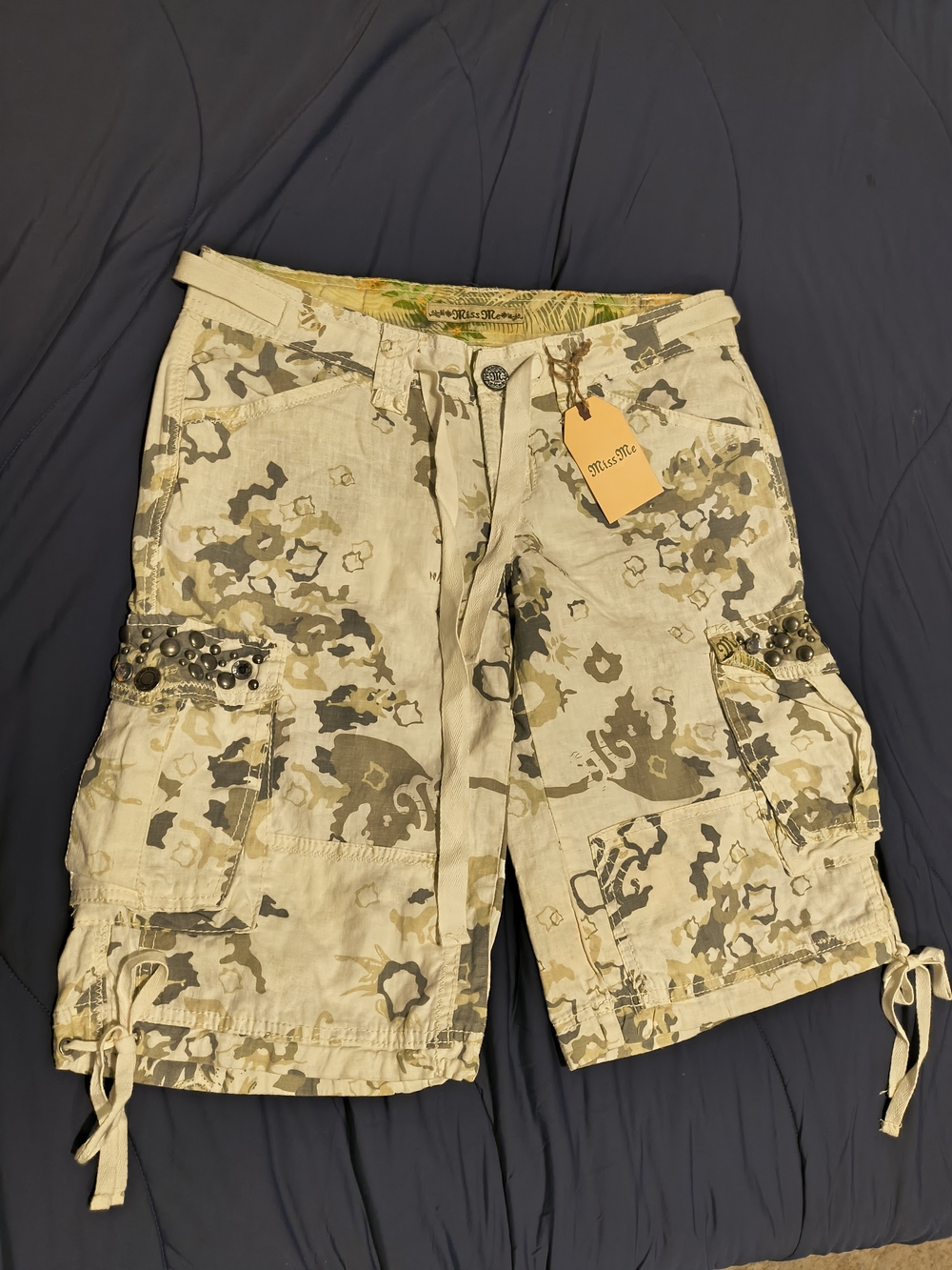 NWT Vintage Y2k Miss Me Beige Camo Cargo Shorts with Stud Accents